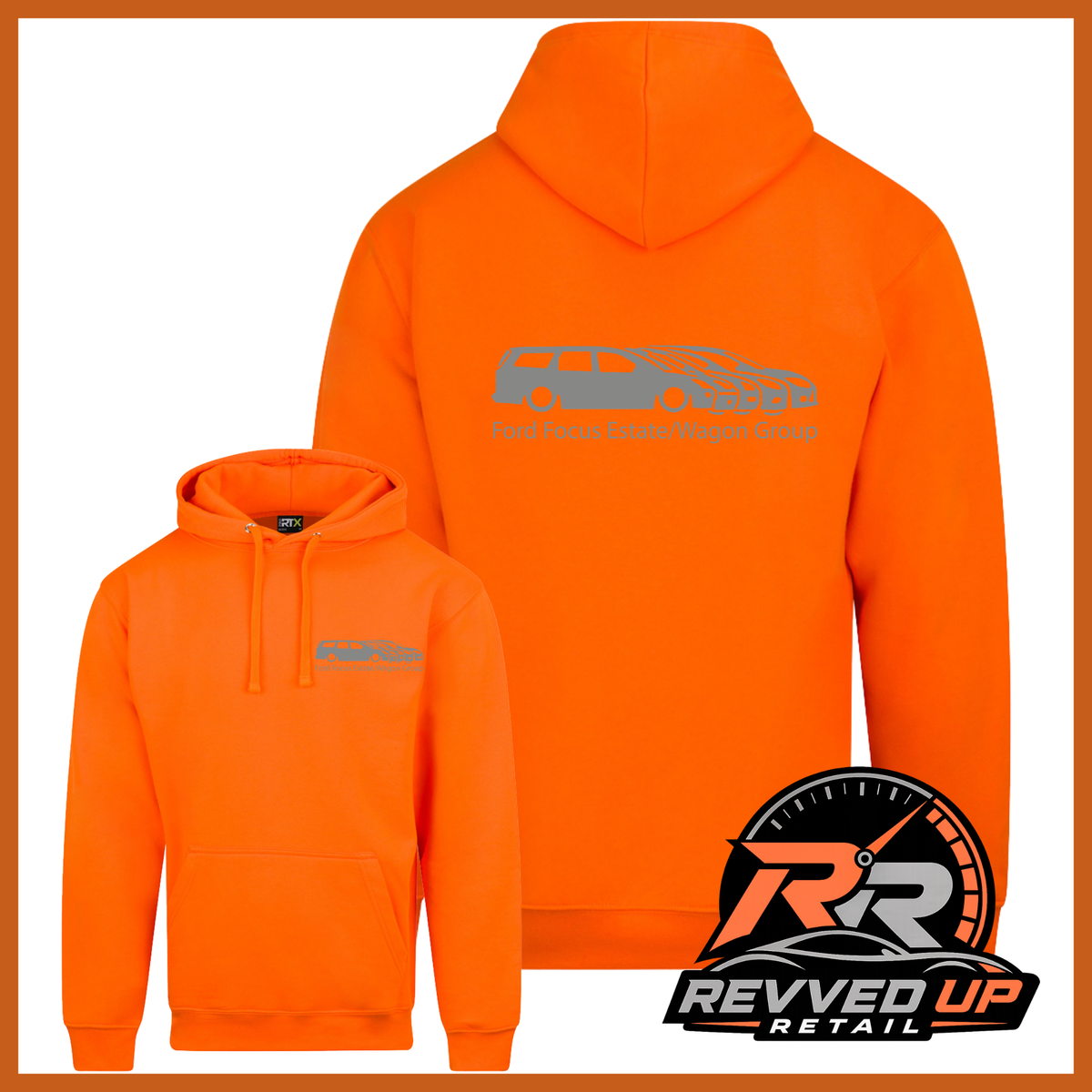 Bright orange pullover hoodie shown from both front and back on a white background, with a gray car graphic and text on the back, and a small matching chest logo on the front. A Revved Up Retail logo appears in the bottom right corner.