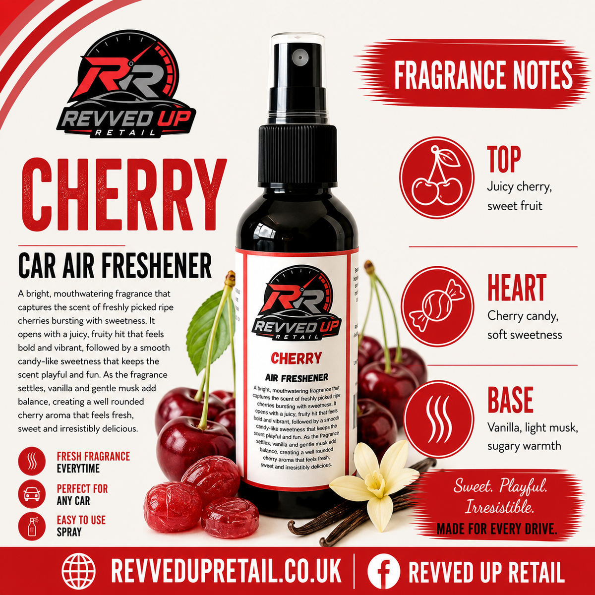 A bottle of Revved Up Cherry Car Air Freshener centered on a white promotional graphic with red and black text blocks, fruit illustrations, and fragrance notes.