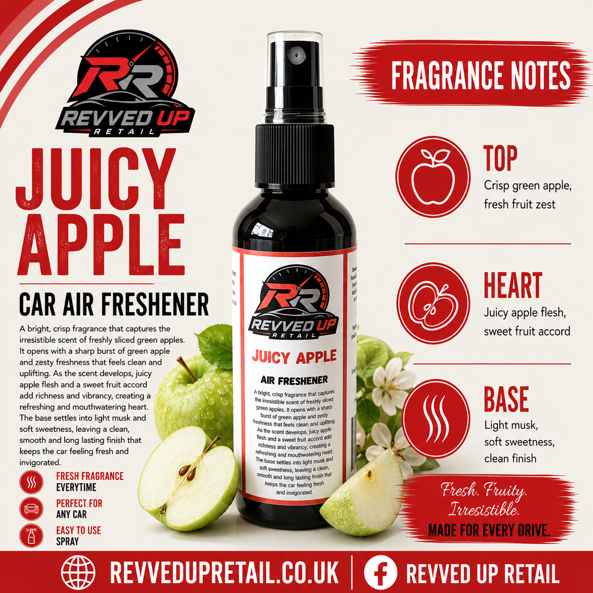 Juicy Apple Car Air Freshener bottle by Revved Up Retail, shown on a white background with fragrance notes detailing apple, heart, and base scents.