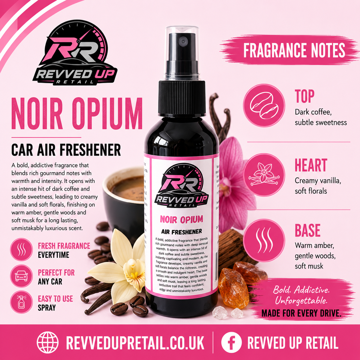 Revved Up Retail Noir Opium Car Air Freshener bottle in the center, surrounded by fragrance notes graphics, coffee cup, vanilla flower, cinnamon, and spices on a pink and white background.