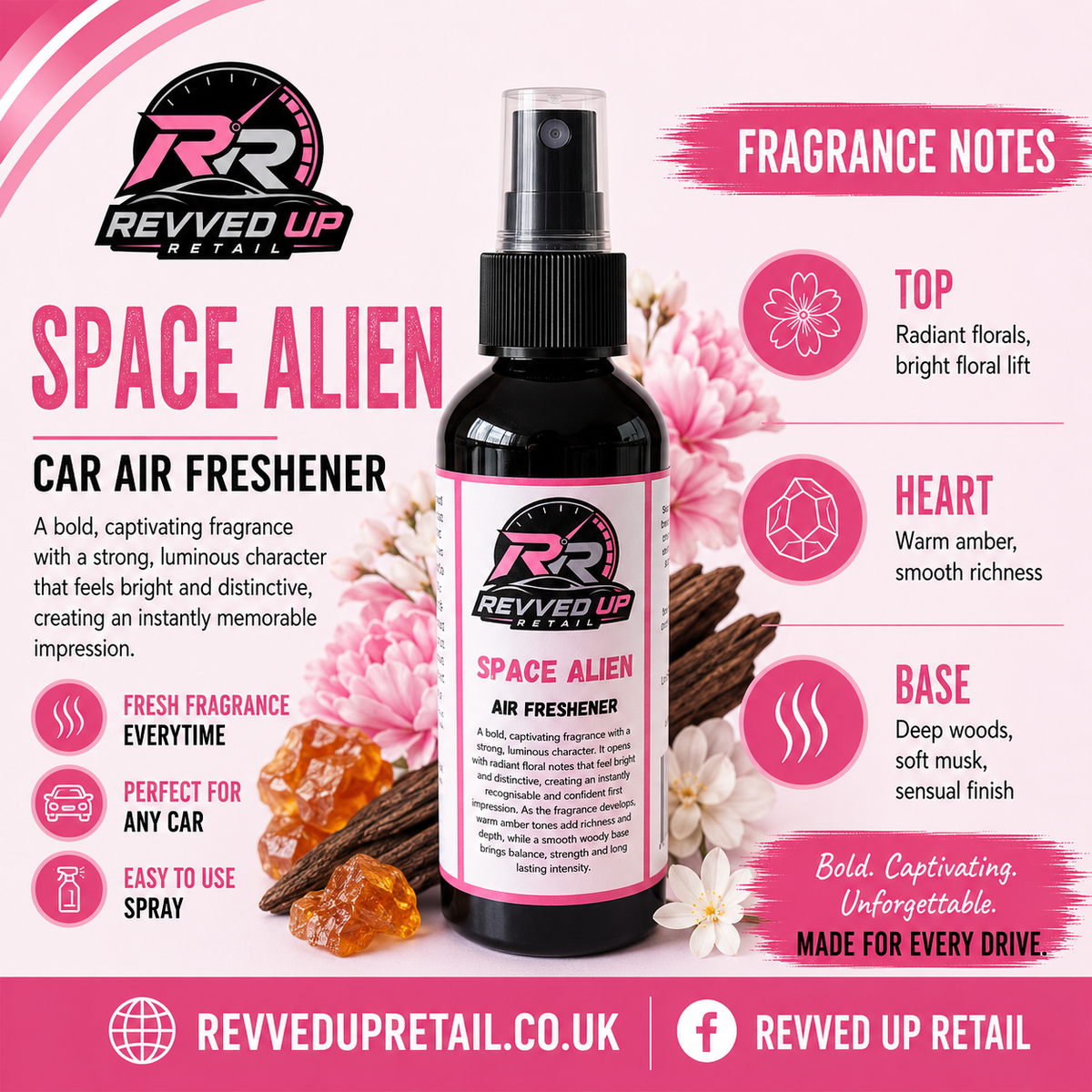 Revved Up Retail Space Alien Car Air Freshener bottle in the center, surrounded by pink floral graphics, cinnamon sticks, amber crystals, and fragrance notes text on a pink and white background.