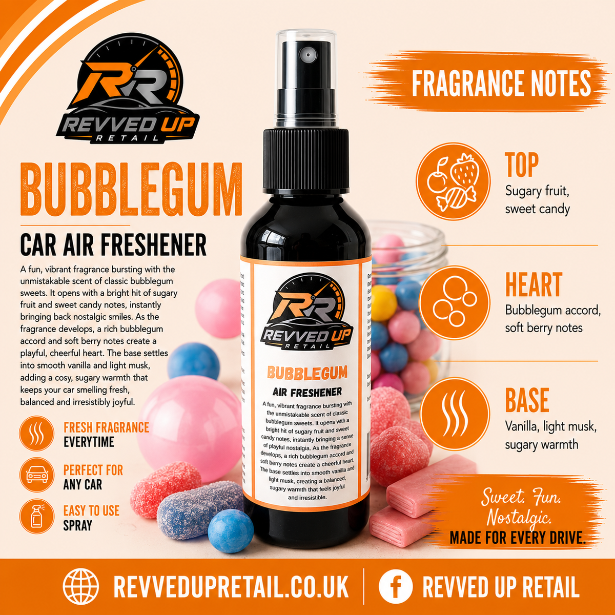 Revved Up Car Air Freshener bottle with a black spray top and white label, shown on a warm orange infographic background with fragrance notes and candy illustrations.
