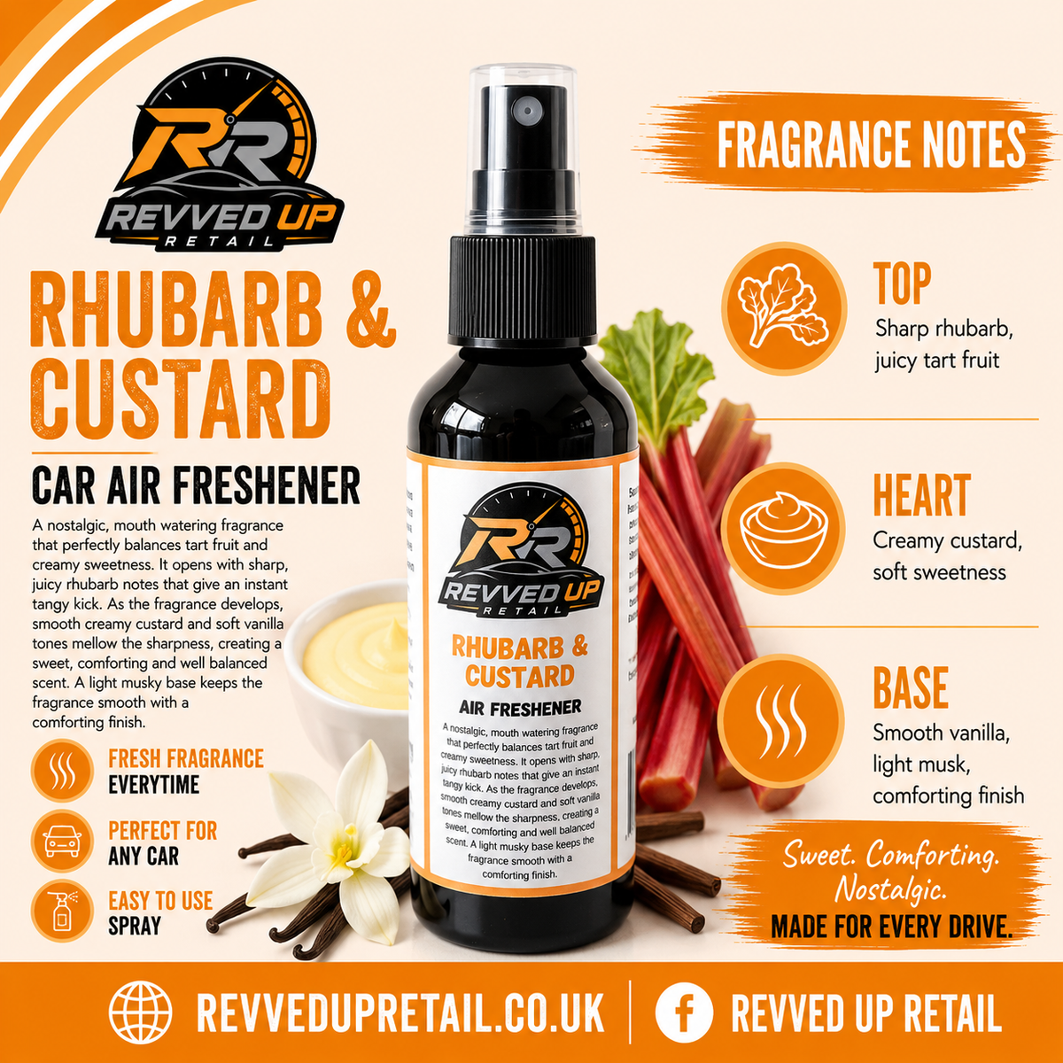 A bottle of Revved Up Rhubarb & Custard Car Air Freshener centered on an orange and beige promotional graphic with fragrance notes, icons, and ingredient imagery including rhubarb, custard, and white flowers.