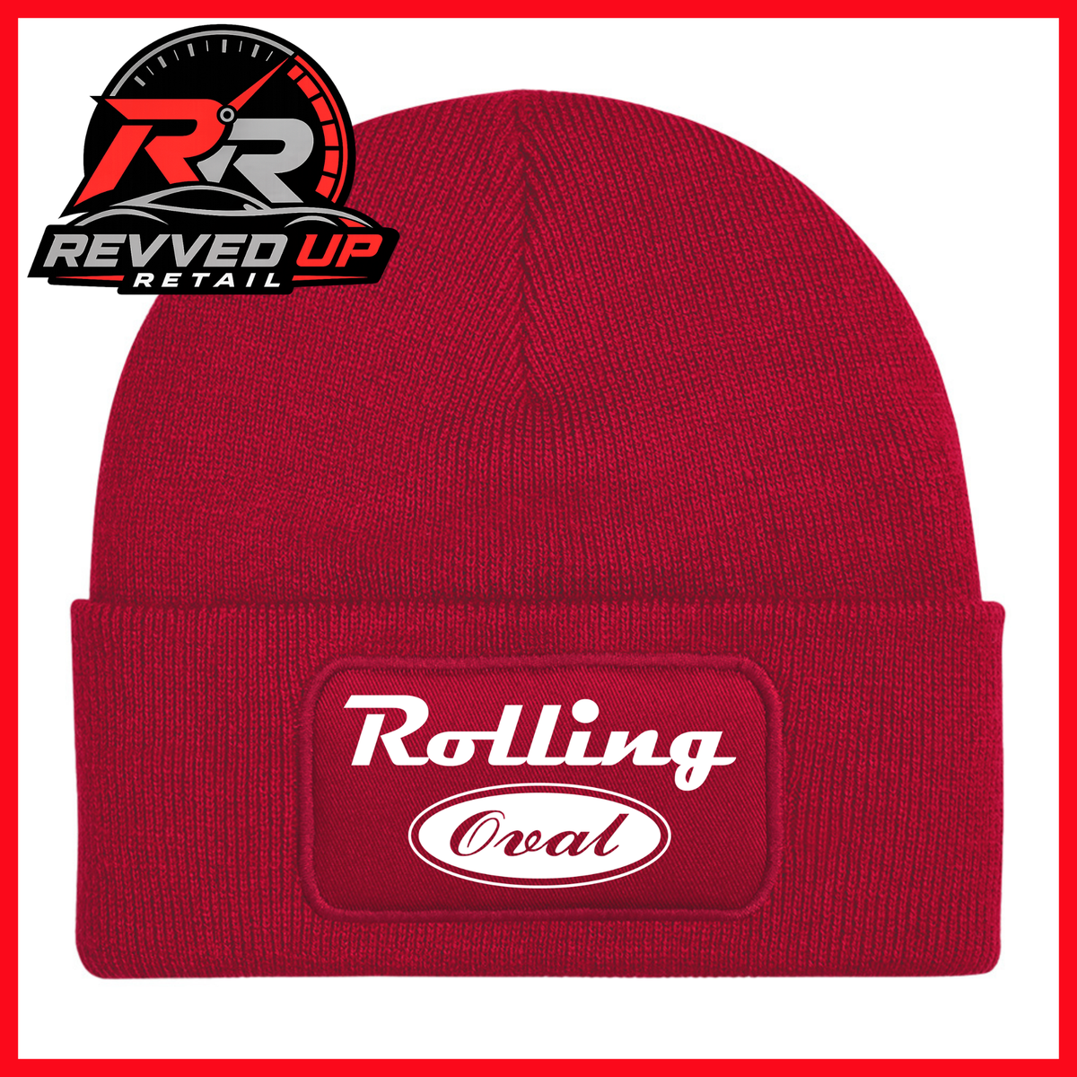 A red ribbed knit beanie with a cuffed brim featuring an oval patch that reads 'Rolling Oval' in white. A Revved Up Retail logo is visible in the top-left corner.