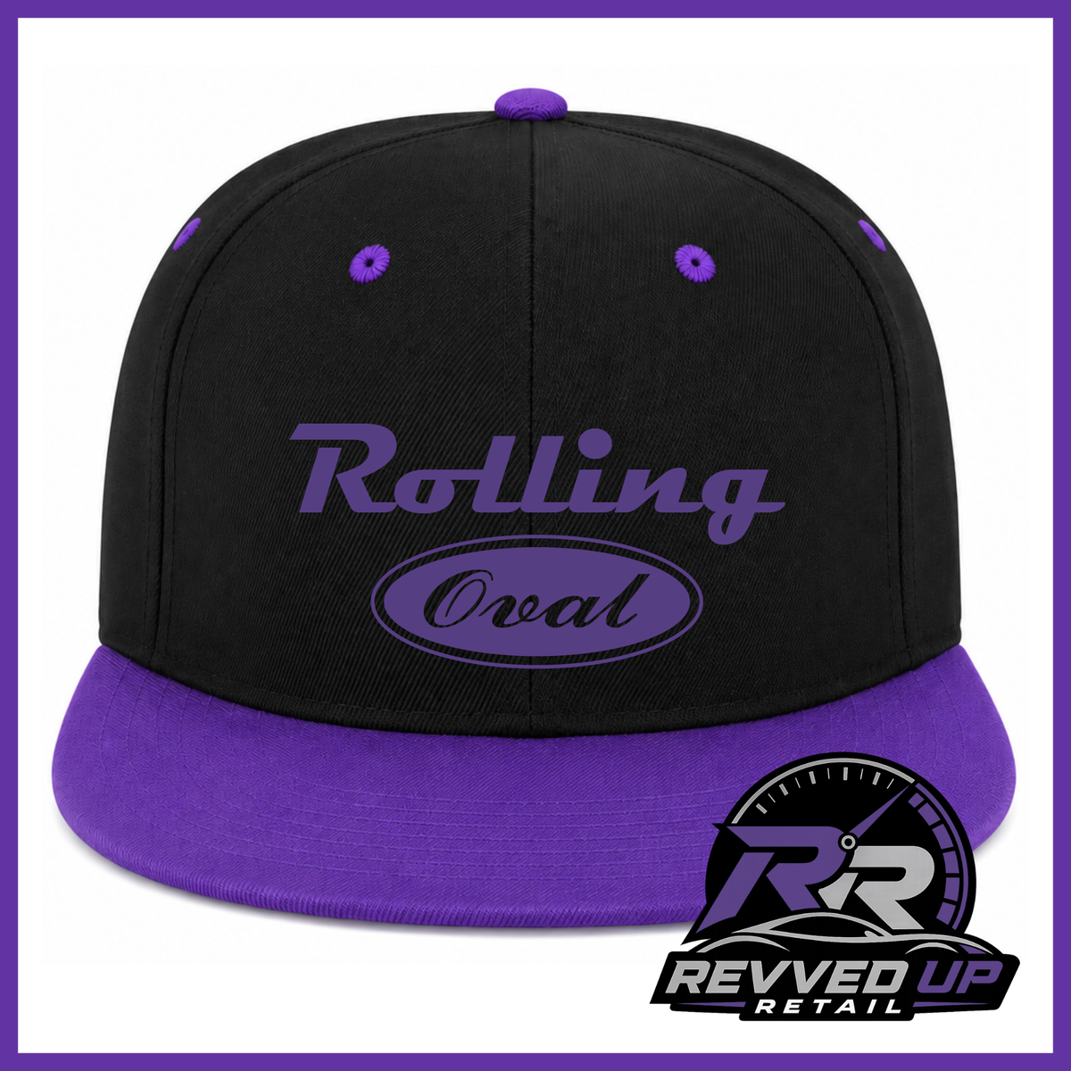 A black flat-brim snapback cap with a purple brim and purple details, including the text 'Rolling Oval' on the front. A Revved Up Retail logo is visible in the bottom right corner.