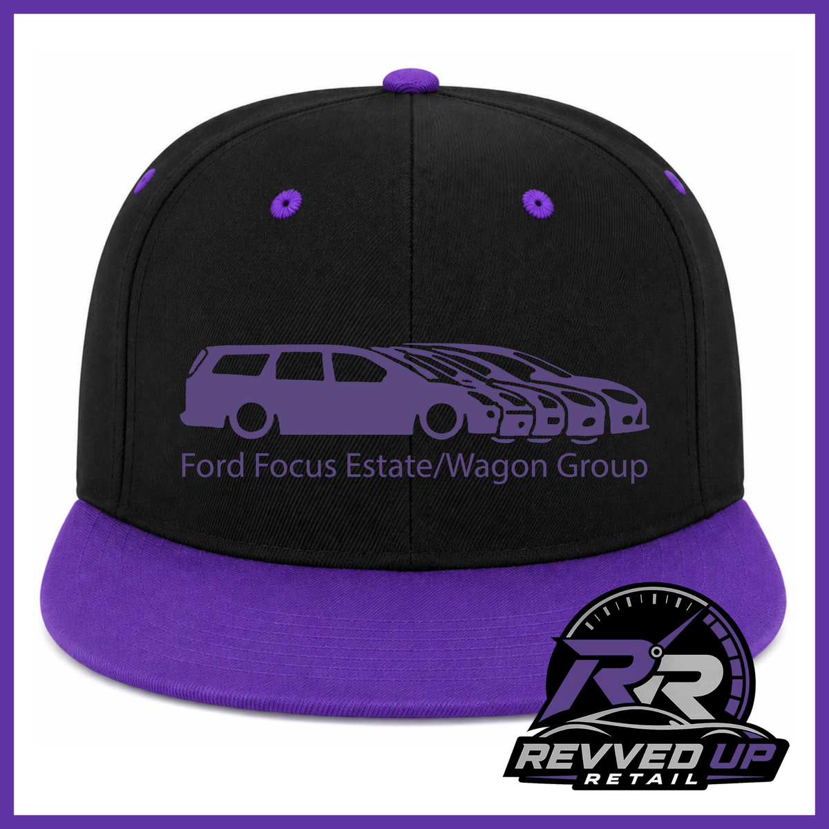 A black snapback cap with a purple flat brim, purple eyelets, and a purple graphic of a Ford Focus estate/wagon group with the text 'Ford Focus Estate/Wagon Group' on the front. A Revved Up Retail logo is visible in the bottom right corner.