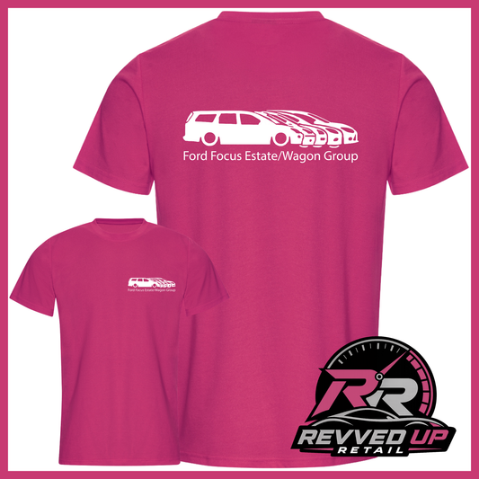 A pink short-sleeve t-shirt shown from both front and back. The back features a white line drawing of a Ford Focus estate/wagon with the text 'Ford Focus Estate/Wagon Group' underneath.
