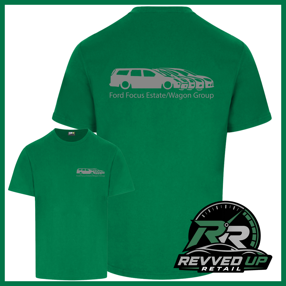 Green short-sleeve t-shirt shown from both front and back on a white background. The back features a gray car silhouette and the text 'Ford Focus Estate/Wagon Group', while the front has a smaller matching chest graphic.