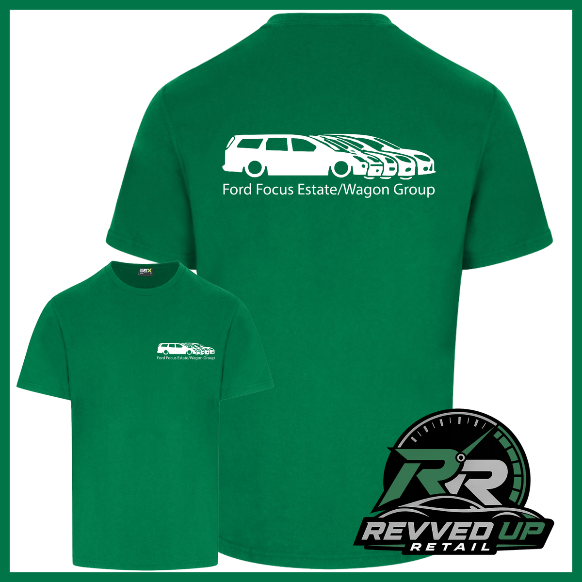 Green short-sleeve t-shirt shown from both front and back on a white background. The back has a white car silhouette and the text 'Ford Focus Estate/Wagon Group'.