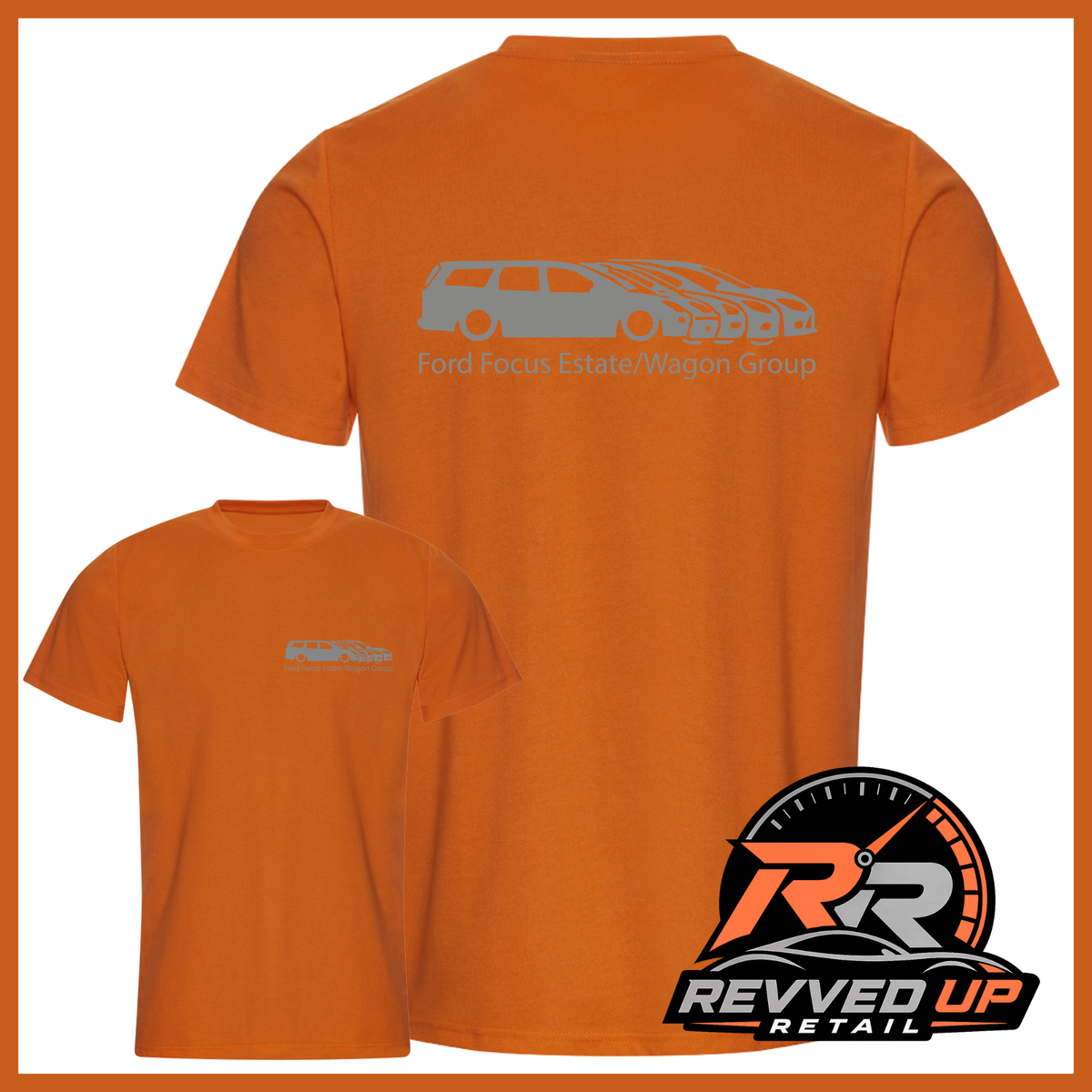 Orange short-sleeve t-shirt shown from the front and back. The back features a gray graphic of a Ford Focus estate/wagon silhouette with the text 'Ford Focus Estate/Wagon Group' and flame-style detailing.