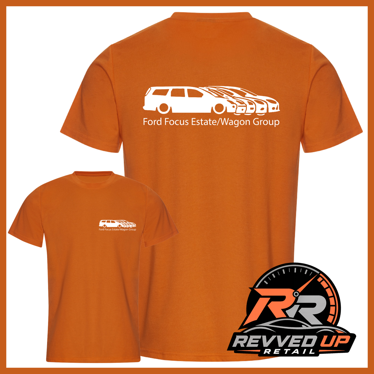 An orange short-sleeve crewneck t-shirt shown from both front and back. The back features a white line-art graphic of a Ford Focus estate and wagon with the text 'Ford Focus Estate/Wagon Group'.