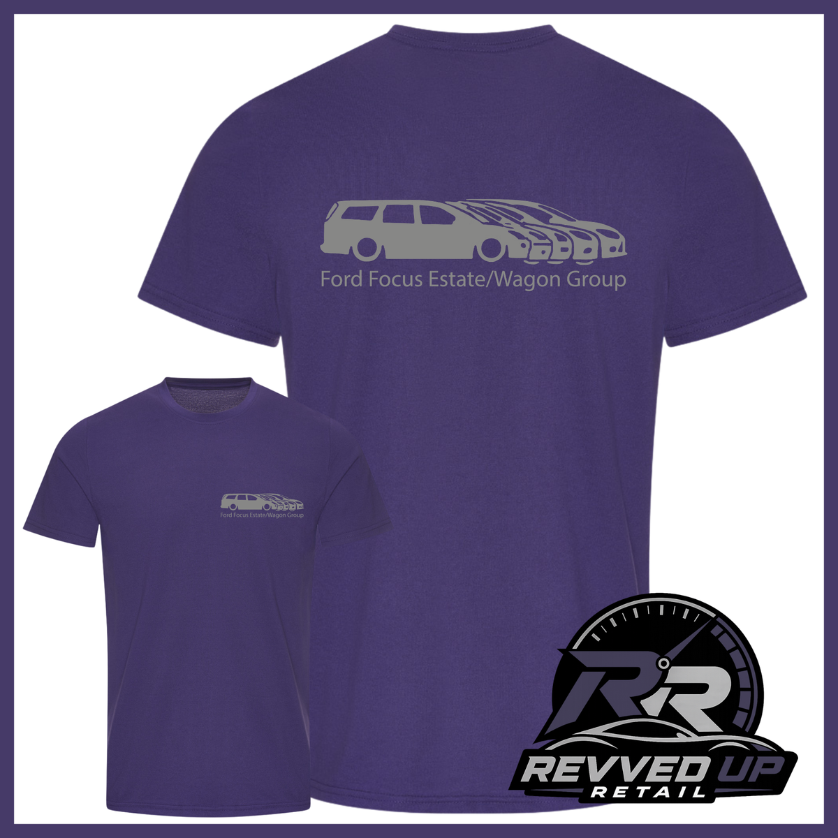 Purple short-sleeve t-shirt shown from the front and back on a white background. The back features a gray car silhouette and the text 'Ford Focus Estate/Wagon Group'.