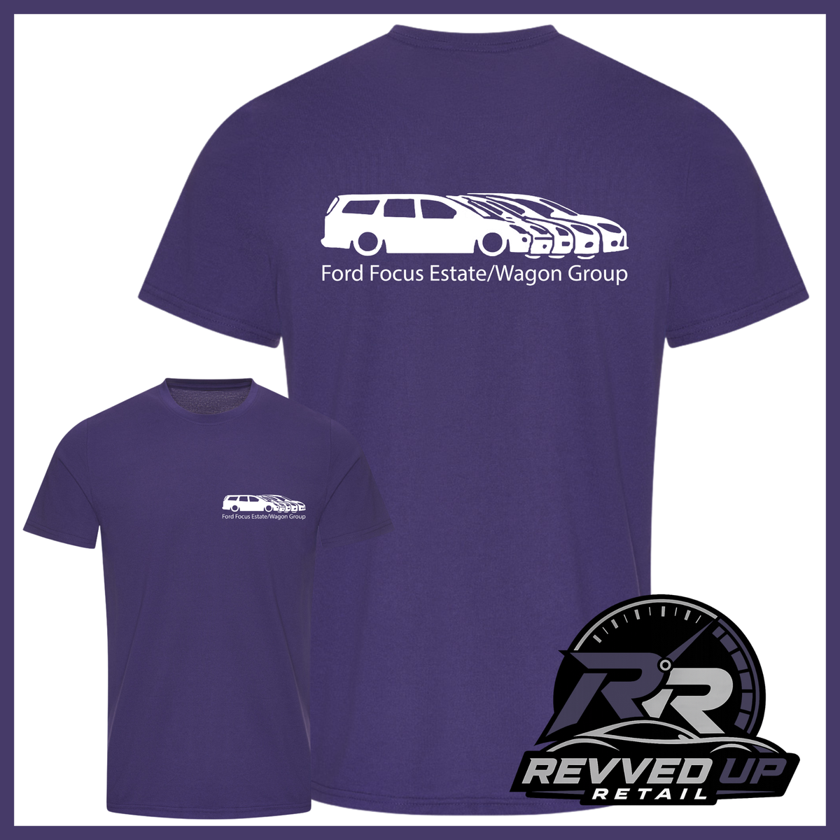 Purple short-sleeve t-shirt shown from the front and back on a white background. The back features a white line drawing of a Ford Focus estate/wagon with the text 'Ford Focus Estate/Wagon Group' underneath.