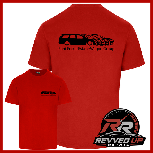 A red short-sleeve t-shirt shown from both front and back on a white background with a red border. The back has a black graphic of a Ford Focus estate and wagon with the text 'Ford Focus Estate/Wagon Group'.