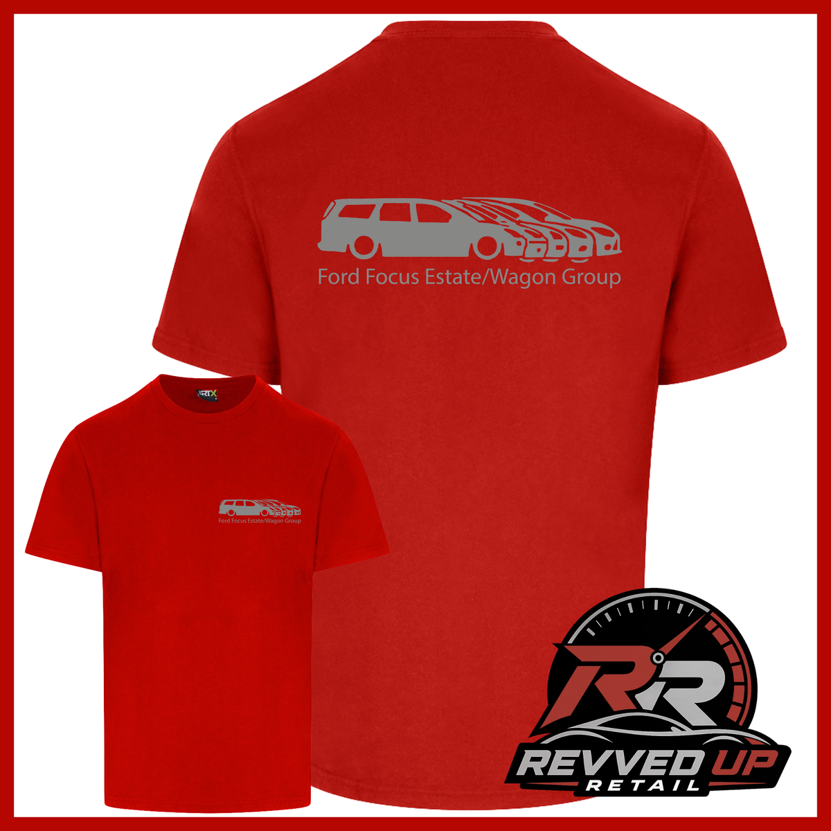 A red short-sleeve t-shirt shown from both front and back. The back features a gray graphic of a Ford Focus estate/wagon with the text 'Ford Focus Estate/Wagon Group' underneath.