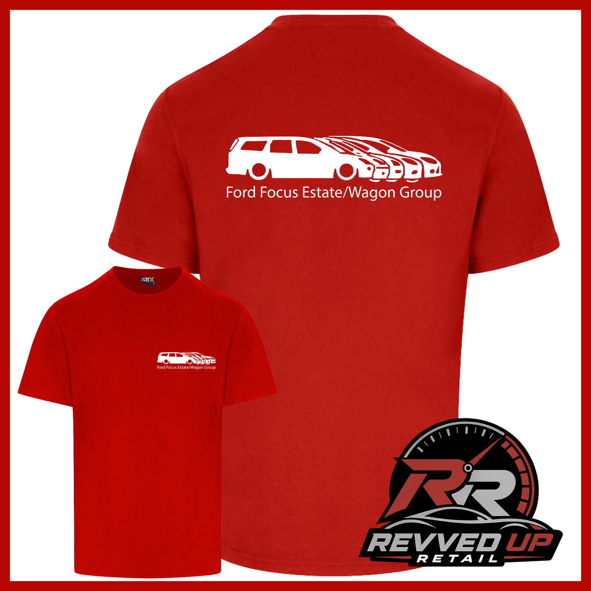 Red short-sleeve t-shirt shown from both front and back. The front has a small white chest graphic, while the back has a larger white car graphic and the text 'Ford Focus Estate/Wagon Group'.