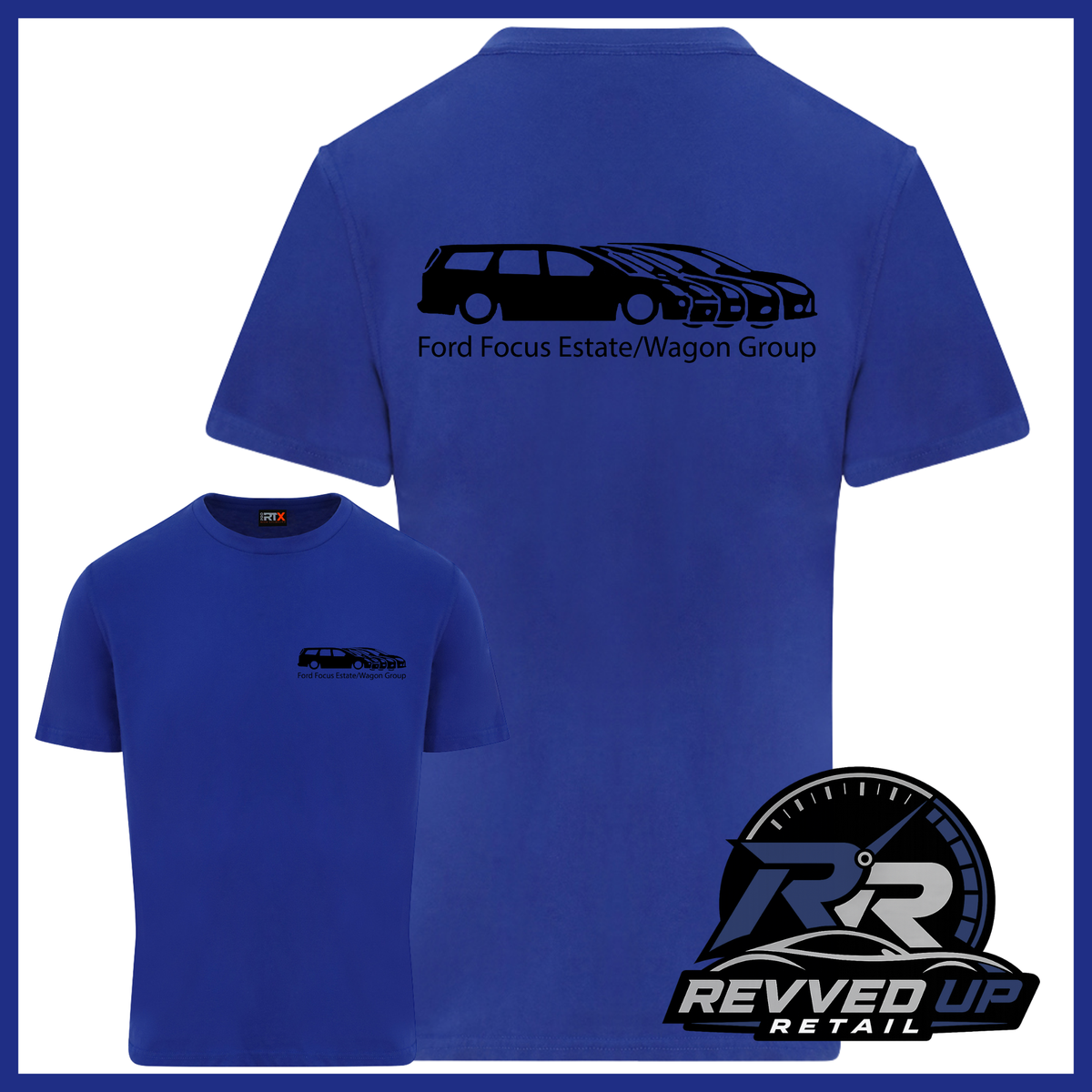 Blue short-sleeve t-shirt shown from both front and back on a white background with a blue border. The back has a black car silhouette and the text 'Ford Focus Estate/Wagon Group', while the front has a smaller matching chest graphic.