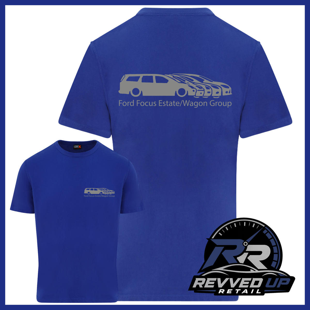 Blue short-sleeve t-shirt shown from both front and back on a white background with a blue border. The back has a large gray car silhouette and 'Ford Focus Estate/Wagon Group' text, while the front has a smaller matching chest graphic.