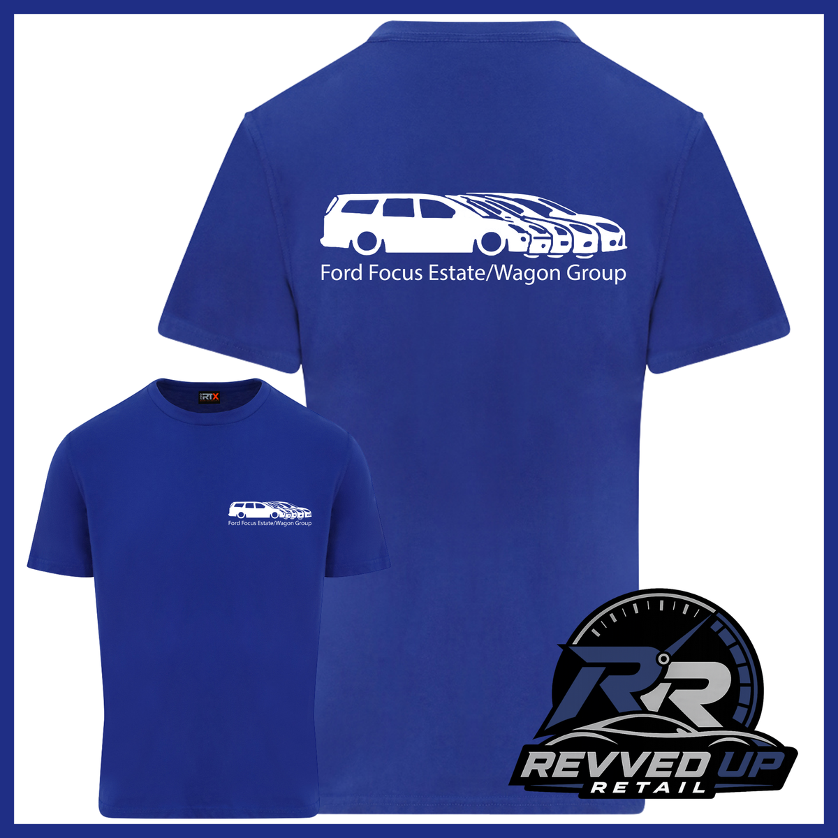 Blue short-sleeve t-shirt shown from both front and back views on a white background with a blue border. The back has a large white car graphic and the text 'Ford Focus Estate/Wagon Group'.