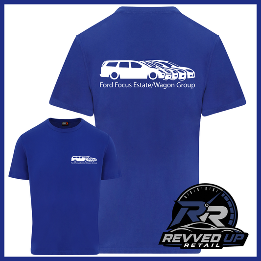 Blue short-sleeve t-shirt shown from both front and back views on a white background with a blue border. The back has a large white car graphic and the text 'Ford Focus Estate/Wagon Group'.