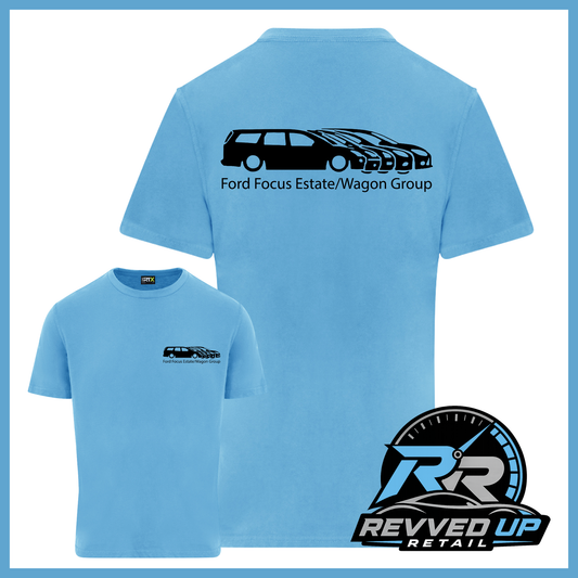 A light blue short-sleeve t-shirt shown from both front and back. The back features a black graphic of a Ford Focus estate and wagon with the text 'Ford Focus Estate/Wagon Group'.