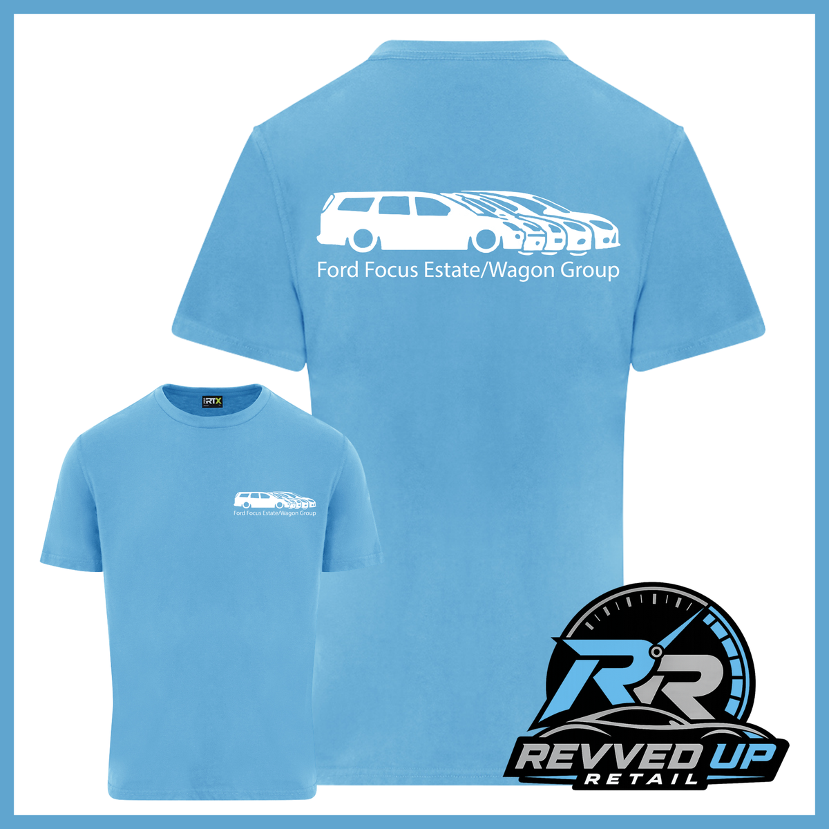 A light blue short-sleeve t-shirt shown from both front and back. The back features a large white graphic of a Ford Focus estate and wagon with the text 'Ford Focus Estate/Wagon Group'.