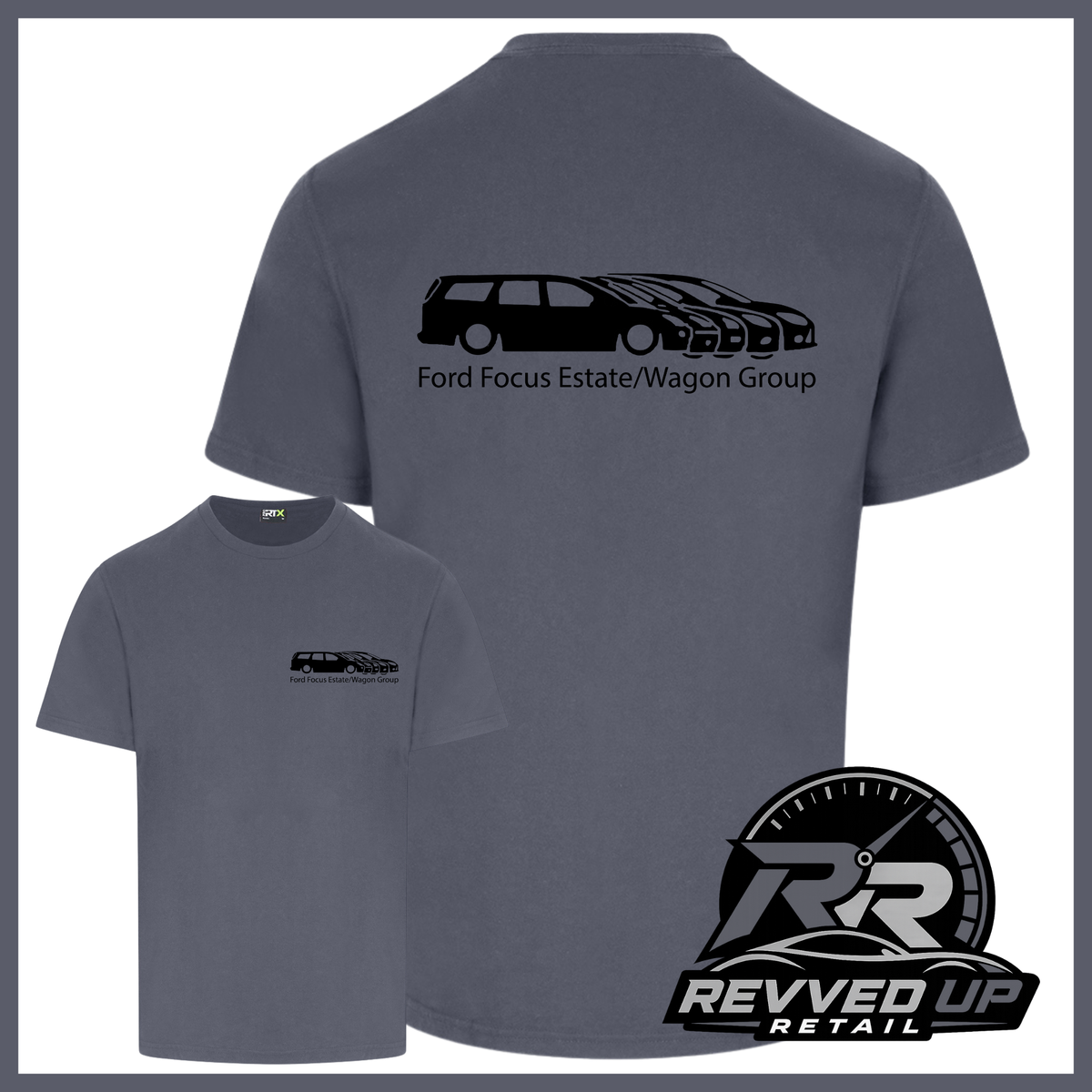 A dark gray t-shirt shown from both front and back views. The back features a black graphic of a Ford Focus Estate wagon and the text 'Ford Focus Estate/Wagon Group'.
