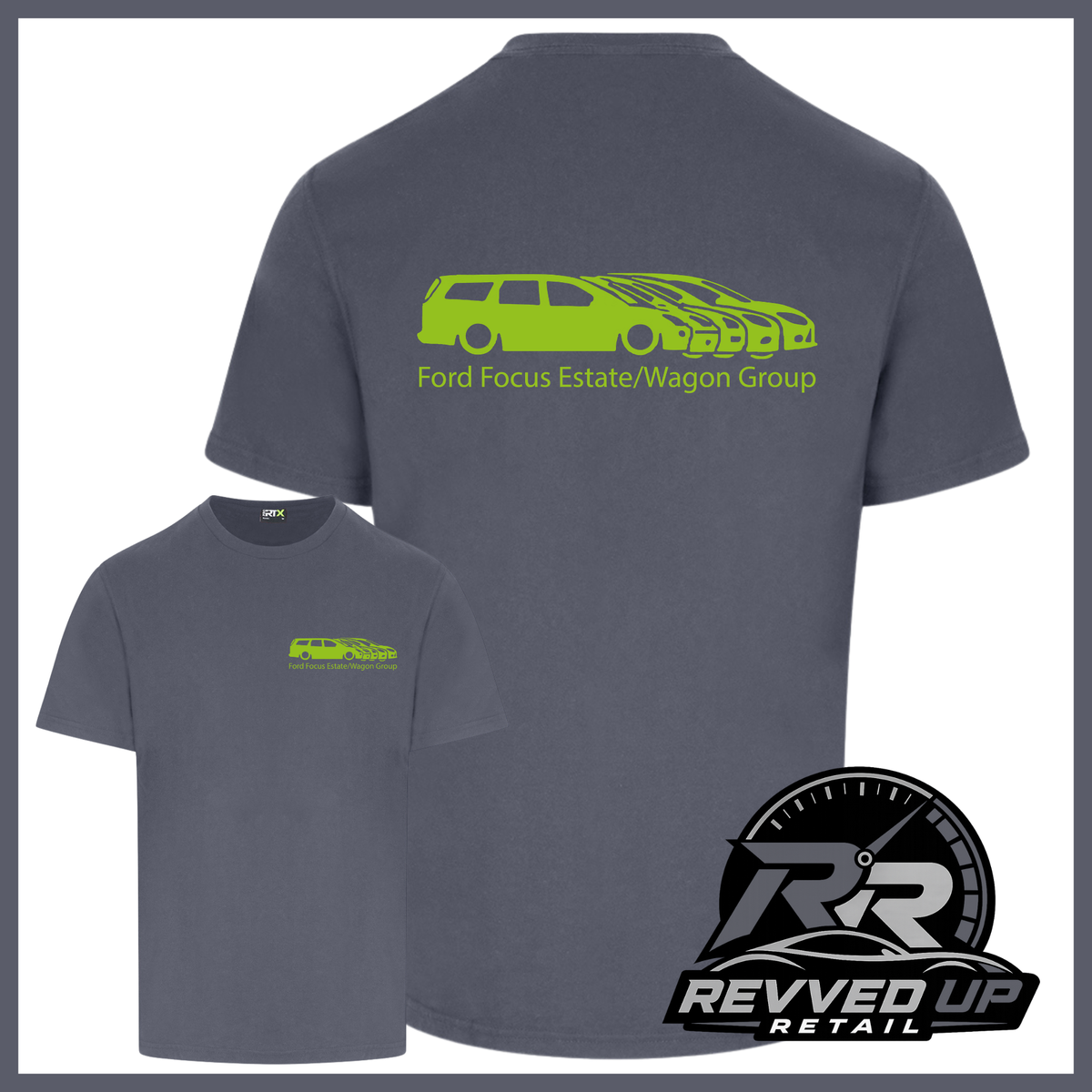 A dark grey t-shirt shown from both front and back views. The back features a lime green graphic of a Ford Focus estate and wagon with the text 'Ford Focus Estate/Wagon Group'.
