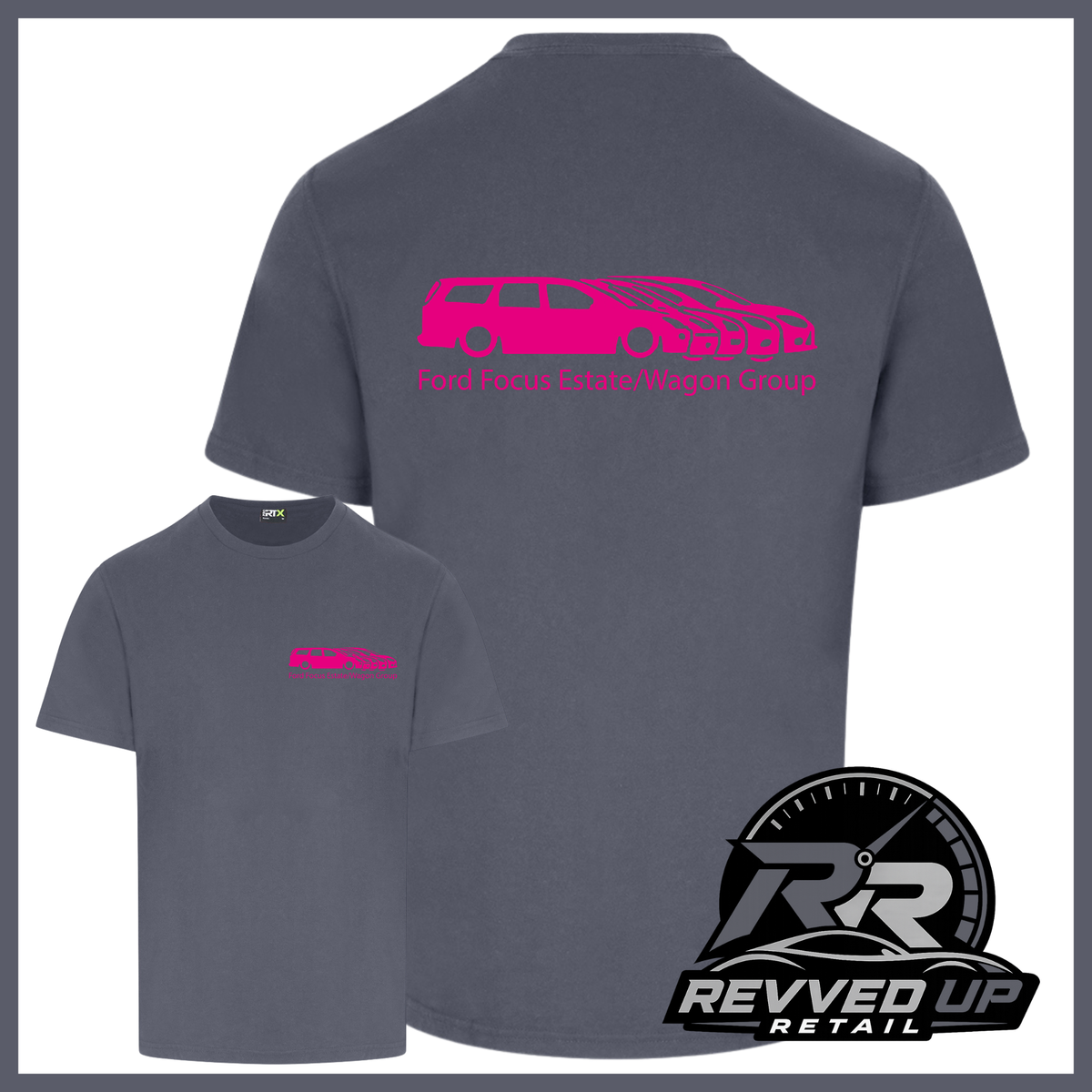 A dark gray t-shirt shown from both front and back views. The back features a bright pink graphic of a Ford Focus Estate wagon with the text 'Ford Focus Estate Wagon Group' underneath.