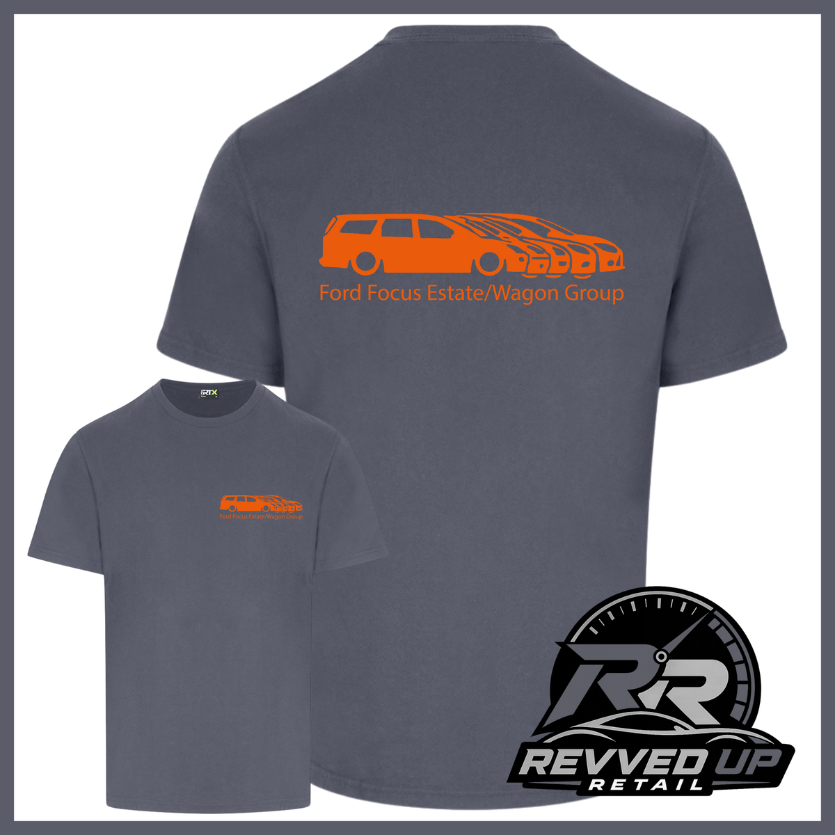 A dark gray t-shirt shown from both front and back views. The back features a large orange graphic of a Ford Focus estate and wagon with the text 'Ford Focus Estate/Wagon Group'.