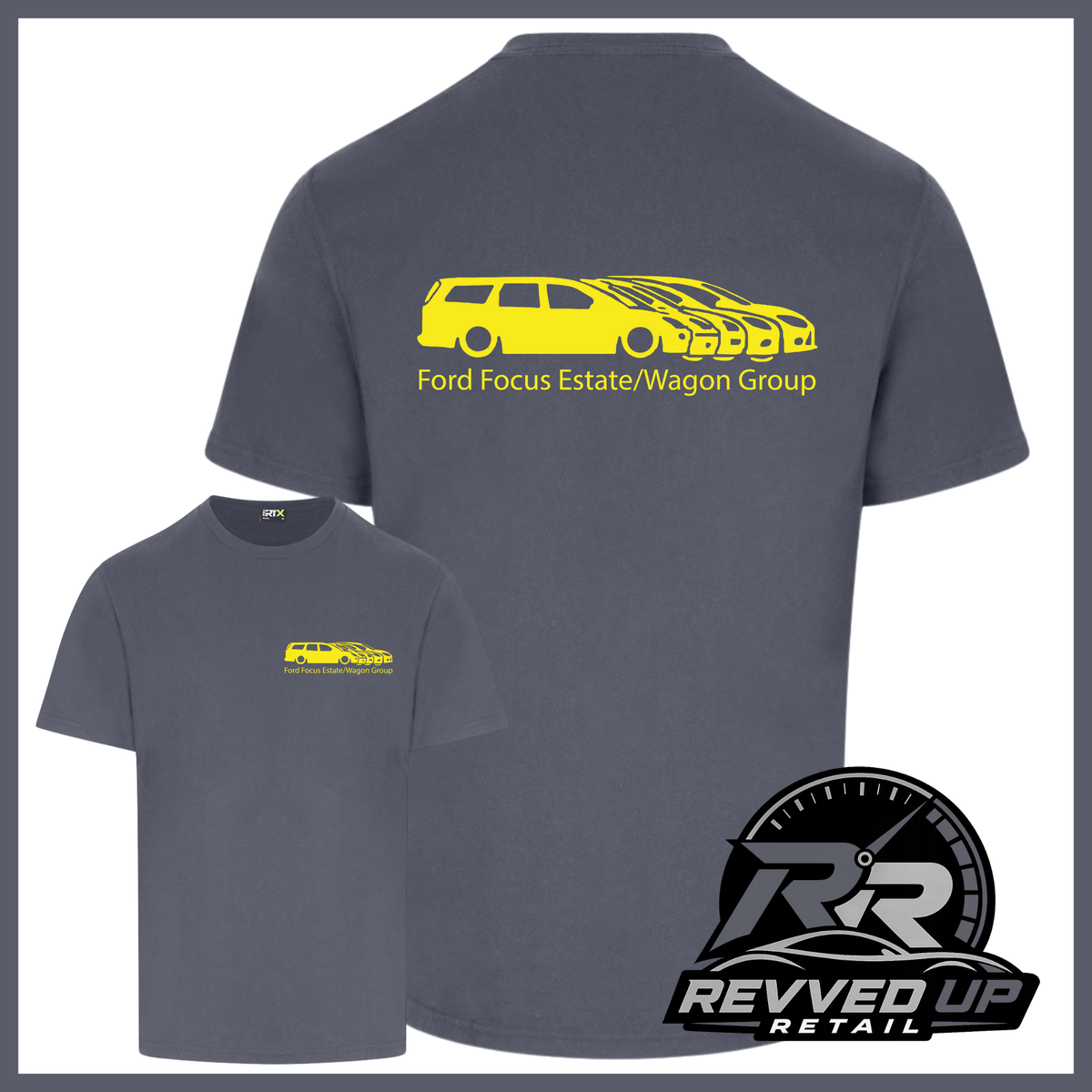 A dark gray t-shirt shown from both front and back views. The back features a yellow graphic of a Ford Focus estate and wagon with the text 'Ford Focus Estate/Wagon Group'.