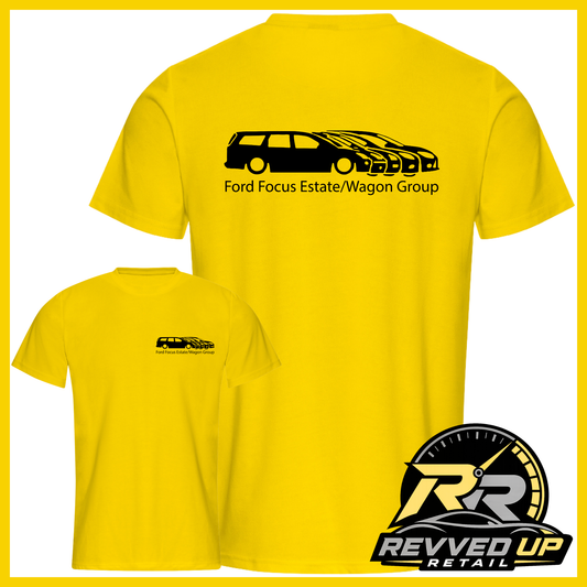Two yellow short-sleeve T-shirts shown on a white background with a yellow border. The larger shirt shows the back with a black car graphic and the text 'Ford Focus Estate/Wagon Group,' while the smaller shirt shows the front with a small matching black car graphic and text.