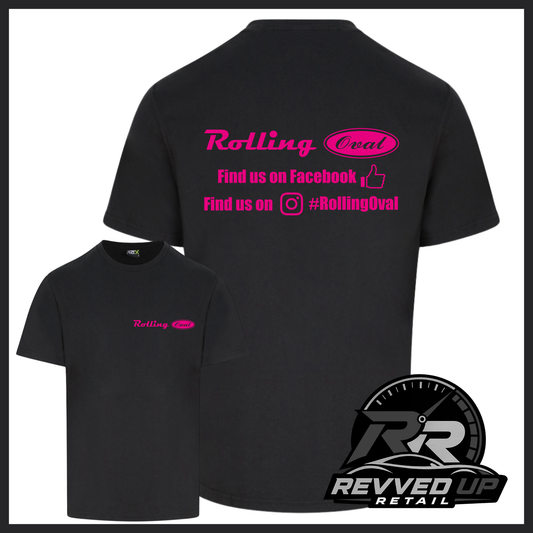 Black short sleeved t-shirt with a printed 'Rolling Oval' logo in pink with a smaller front t-shirt image with the same logo smaller on left chest area. Shown on a white background with black border and a 'Revved Up Retail' logo in the bottom right corner.