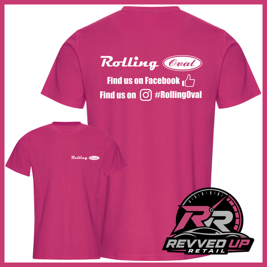A bright pink t-shirt shown from both front and back on a white background with a pink border. The back features white text reading 'Rolling Oval' with social media details, and the front has a small matching 'Rolling Oval' logo on the left chest.