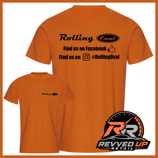 An orange short-sleeve t-shirt shown from both front and back on a white background with a decorative orange border. The back features black text reading 'Rolling Oval' with social media details, and the front has a small matching 'Rolling Oval' logo on the left chest.