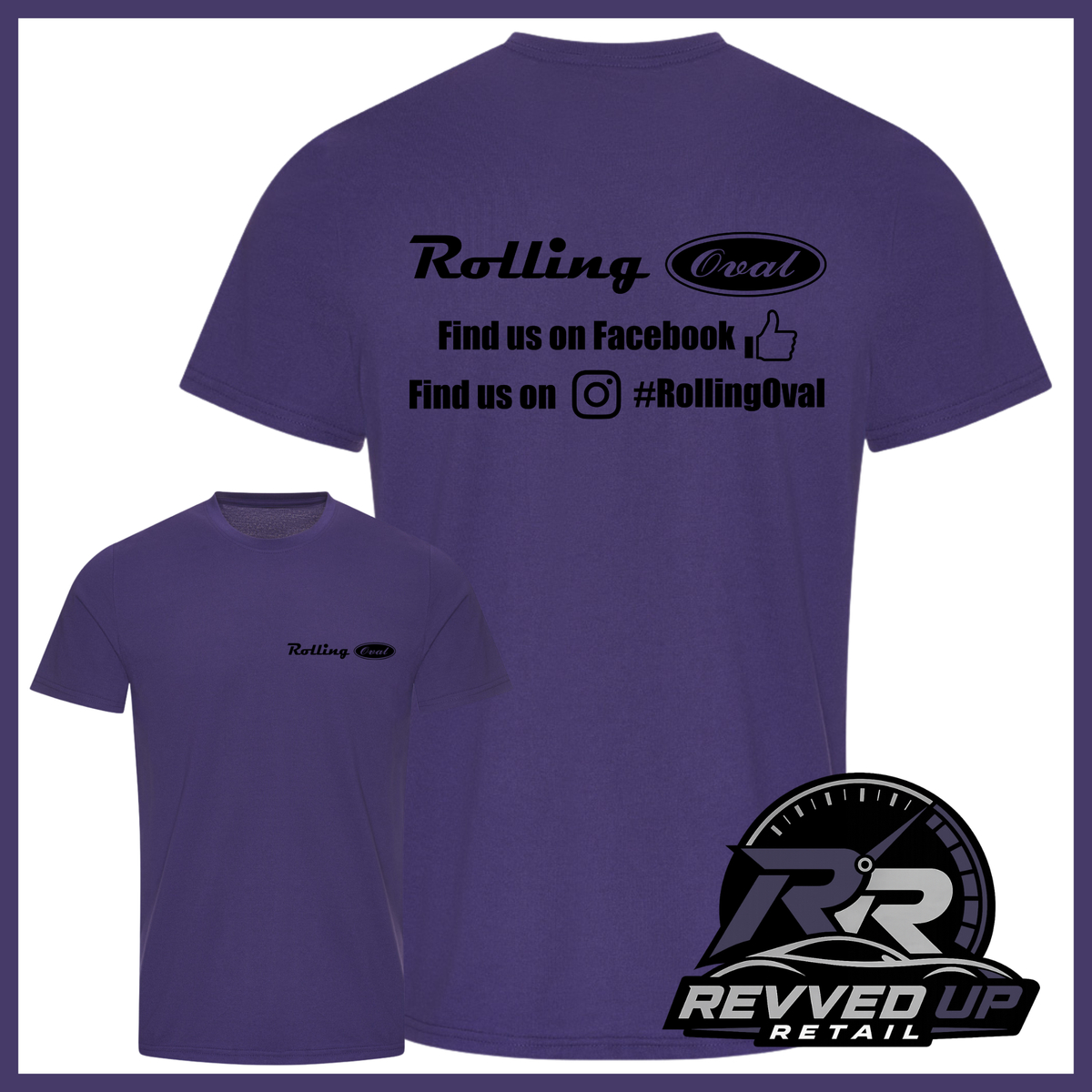 Purple short-sleeve t-shirt shown from both front and back on a white background. The back has black text reading 'Rolling Oval' and social media details, while the front has a small matching 'Rolling Oval' logo on the left chest.