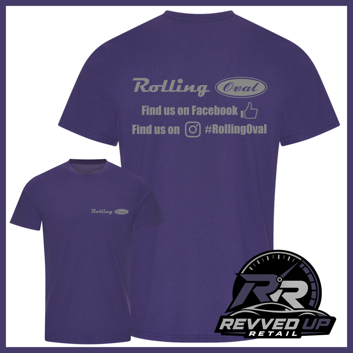 Purple short-sleeve t-shirt shown from both front and back on a white background. The back has a light gray 'Rolling Oval' graphic with social media text, and the front has a smaller matching chest print.
