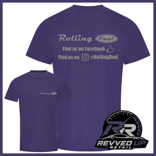 Purple short-sleeve t-shirt shown from both front and back on a white background. The back has a light gray 'Rolling Oval' graphic with social media text, and the front has a smaller matching chest print.