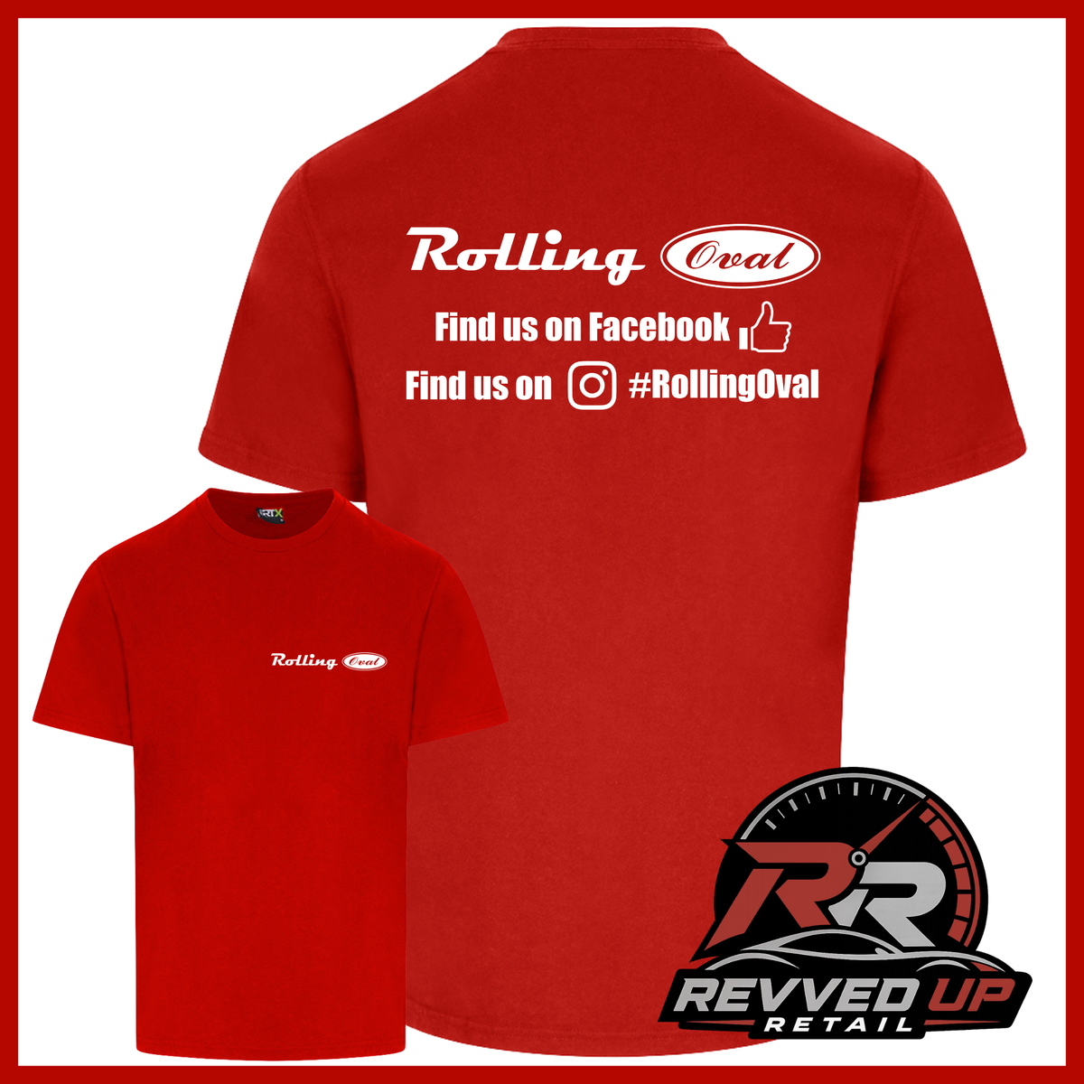A red short-sleeve t-shirt shown from both front and back. The front has a small white 'Rolling Oval' logo on the left chest, while the back features a larger white graphic with social media text and hashtags.