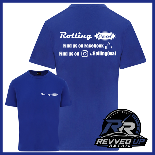 Blue short-sleeve t-shirt shown from both front and back on a white background with a blue border. The back has white text reading 'Rolling Oval' and social media details, while the front has a small matching 'Rolling Oval' logo on the left chest.