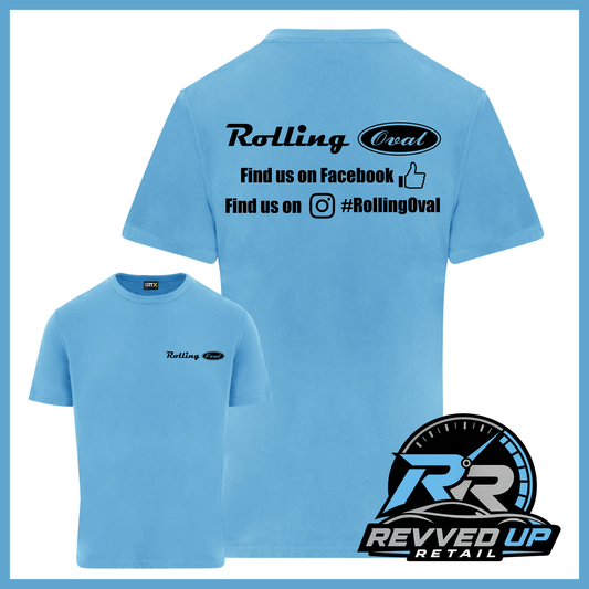 A light blue short-sleeve t-shirt shown from both front and back on a white background with a blue border. The back has black text reading 'Rolling Oval' and social media details, while the front has a smaller matching 'Rolling Oval' logo on the left chest.