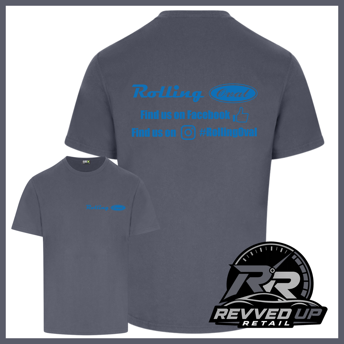 A dark grey t-shirt shown from both front and back views. The back features a blue graphic of Ford cars with the text rolling oval and 'Revved Up Retail' logo in the bottom right corner.