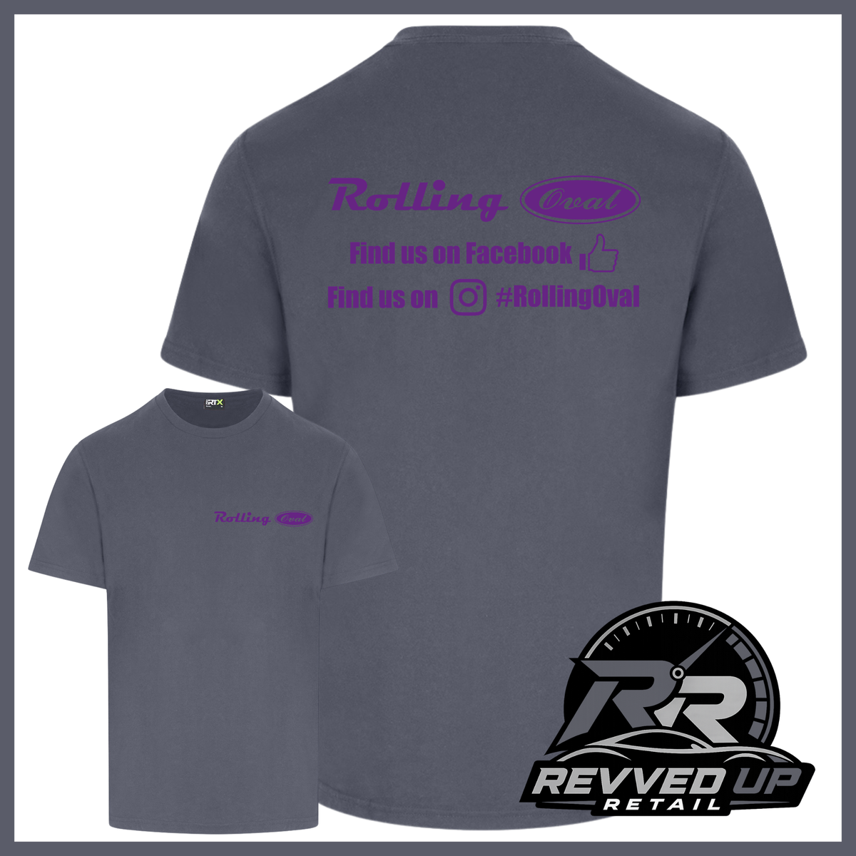 A dark grey t-shirt shown from both front and back views. The back features purple text reading 'Rolling Oval' with social media details, and the front has a smaller matching pink logo.