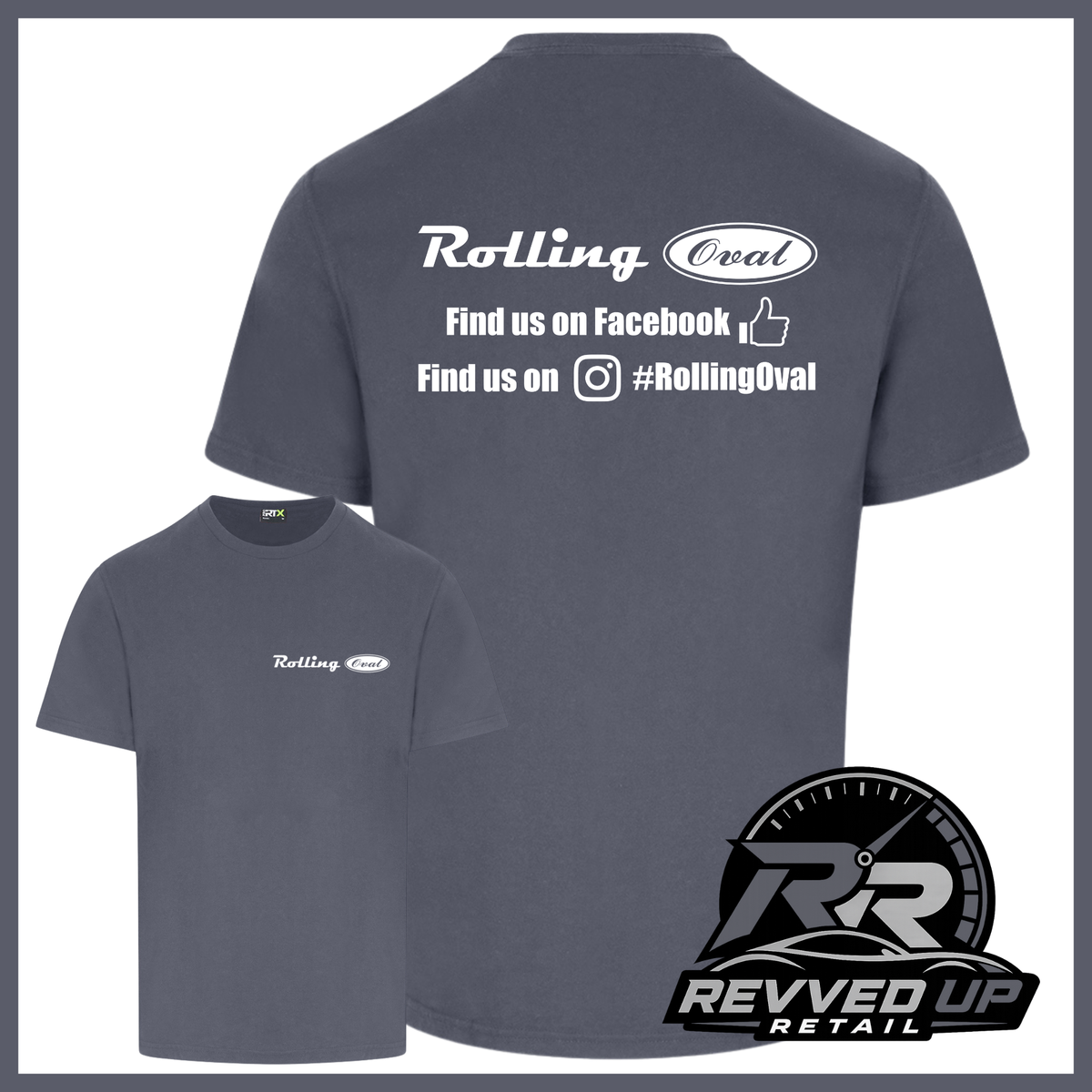 A dark grey t-shirt shown from both front and back views. The back features white text reading 'Rolling Oval' with social media details, and the front has a smaller matching pink logo.