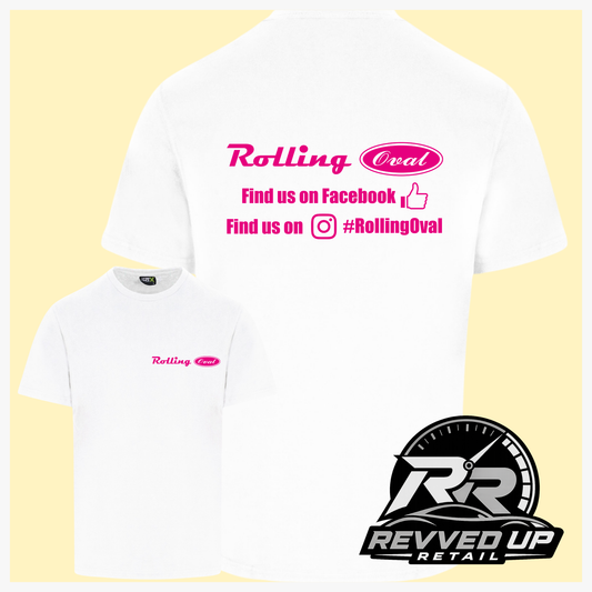 White short sleeved t-shirt with a printed 'Rolling Oval' logo in pink with a smaller front t-shirt image with the same logo smaller on left chest area. Shown on a light yellow background with white border and a 'Revved Up Retail' logo in the bottom right corner.