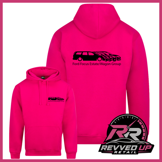Bright pink pullover hoodies shown from the front and back on a white background with a pink border. The back hoodie features a black car silhouette and the text 'Ford Focus Estate/Wagon Group' across the upper back.