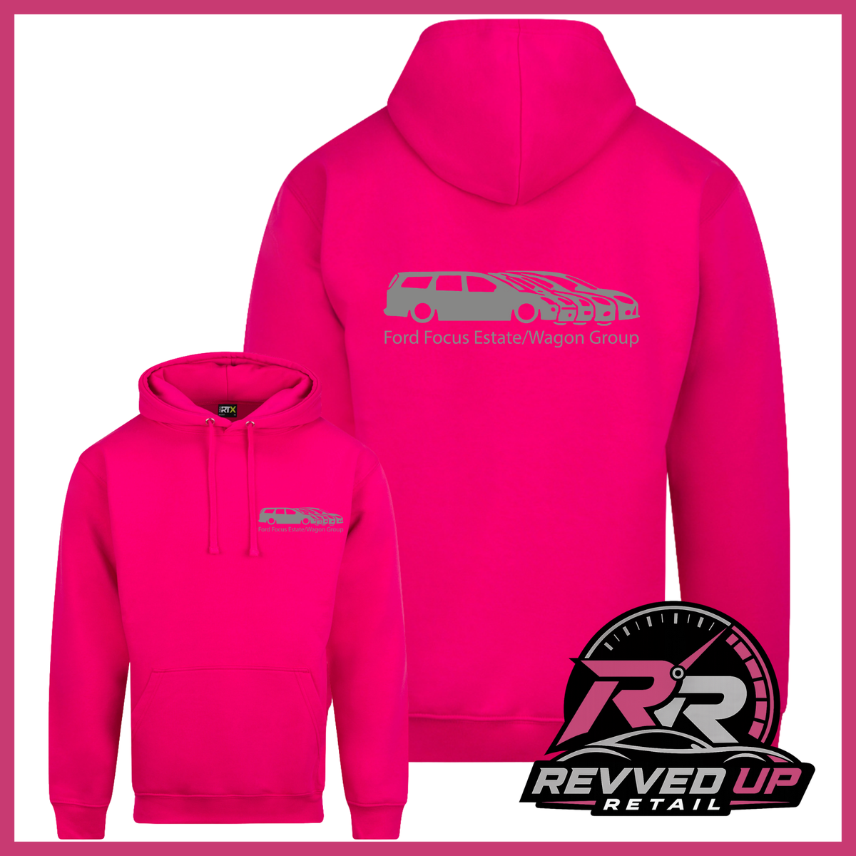 Bright pink pullover hoodies shown from front and back on a white background with a pink border. The front hoodie has a small chest logo, and the back hoodie has a larger grey car graphic and the text 'Ford Focus Estate/Wagon Group.