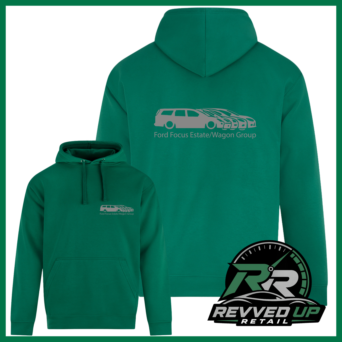 Green pullover hoodie shown from both front and back on a white background. The back features a grey graphic of a Ford Focus estate wagon with the text 'Ford Focus Estate/Wagon Group'.