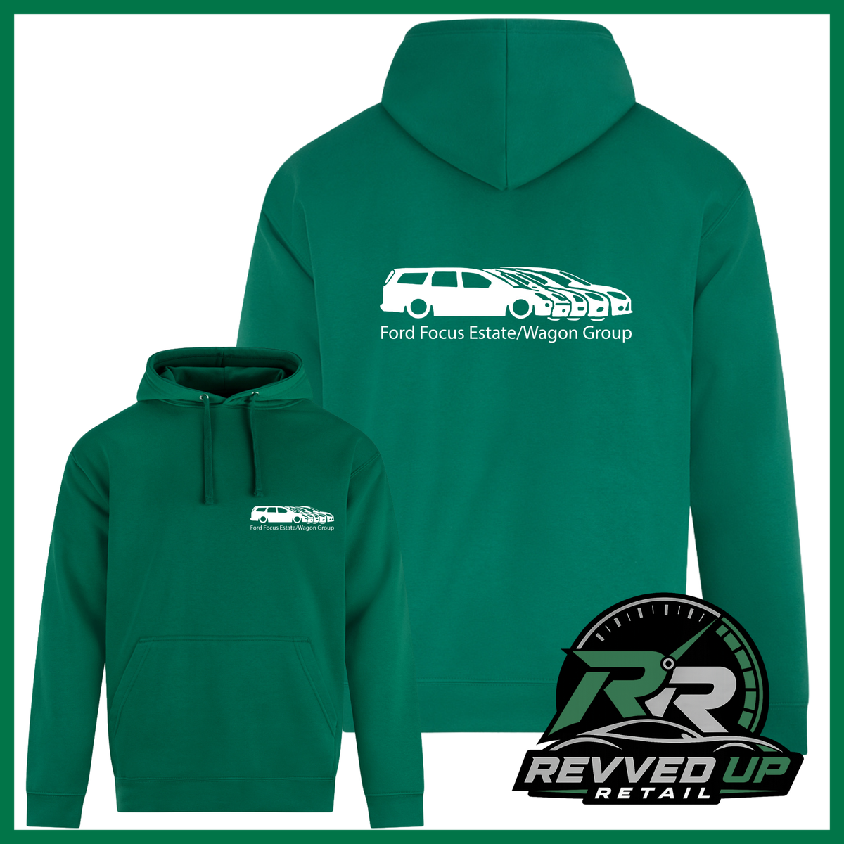 Green pullover hoodies shown from both front and back views on a white background with a green border. The back hoodie features a white line-art station wagon graphic with the text 'Ford Focus Estate/Wagon Group' underneath.
