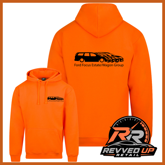 Bright orange pullover hoodies shown from the front and back on a white background, with a black car graphic and the text 'Ford Focus Estate/Wagon Group' printed on the chest and back. A Revved Up Retail logo is displayed in the bottom right corner.